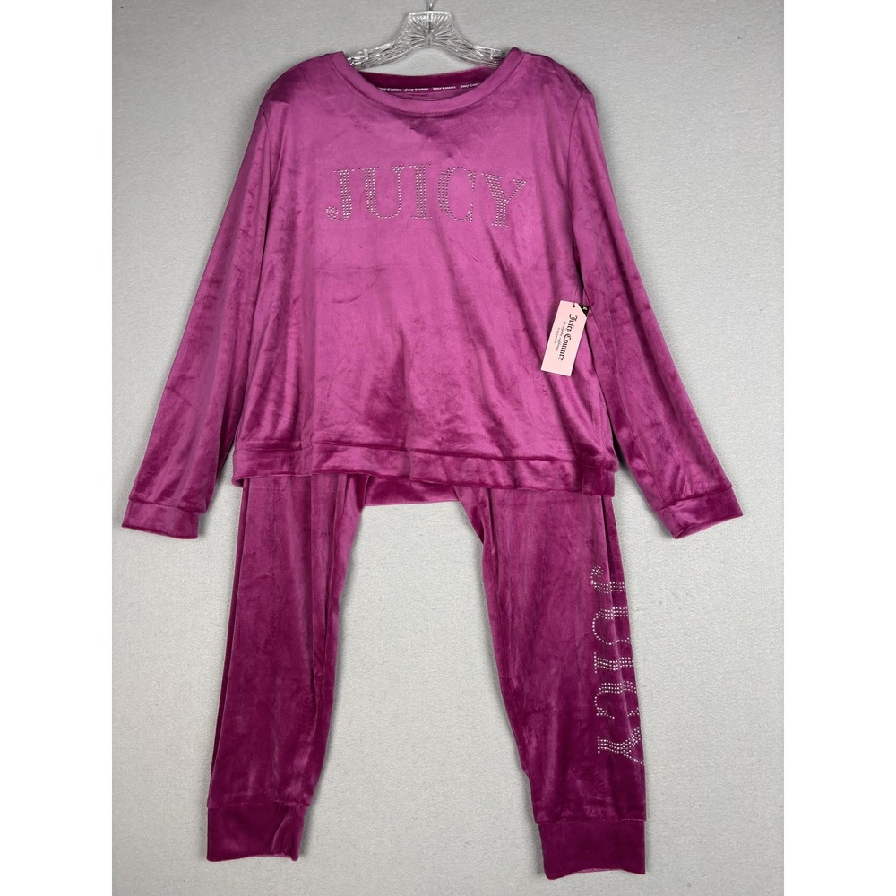 Juicy Couture Pajama Set Womens XL Purple Berry Glam Velour Rhinestone 2 Piece